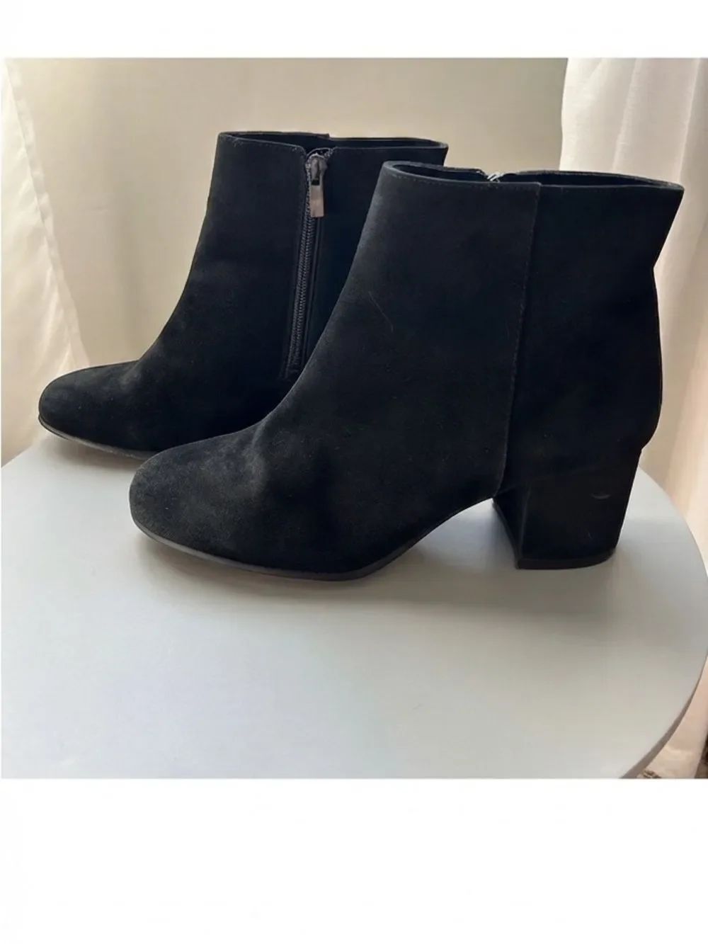 Black Suede Chunky Block Heel Side Zip Ankle Boots Size 8.5